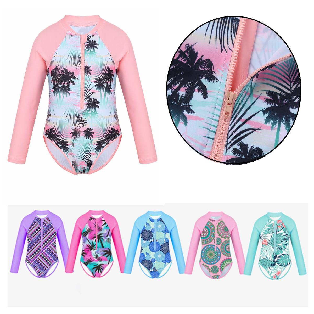 Aislor Kinderen Meisjes Eendelig Rash Guard-badpak met lange mouwen en bedrukte badpak met ritssluiting 3-4 Years babyroze kleur