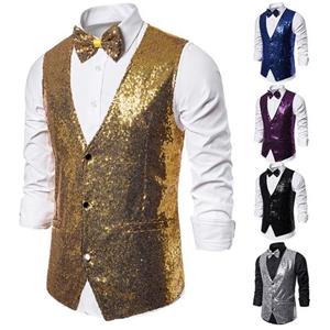 Selling Clothing Mannen Vest Boog Set Glanzend Pailletten Mouwloos Slanke Fit Cardiagn Single-breasted V-hals Show Emcee Prestaties Mannen vest L zwart