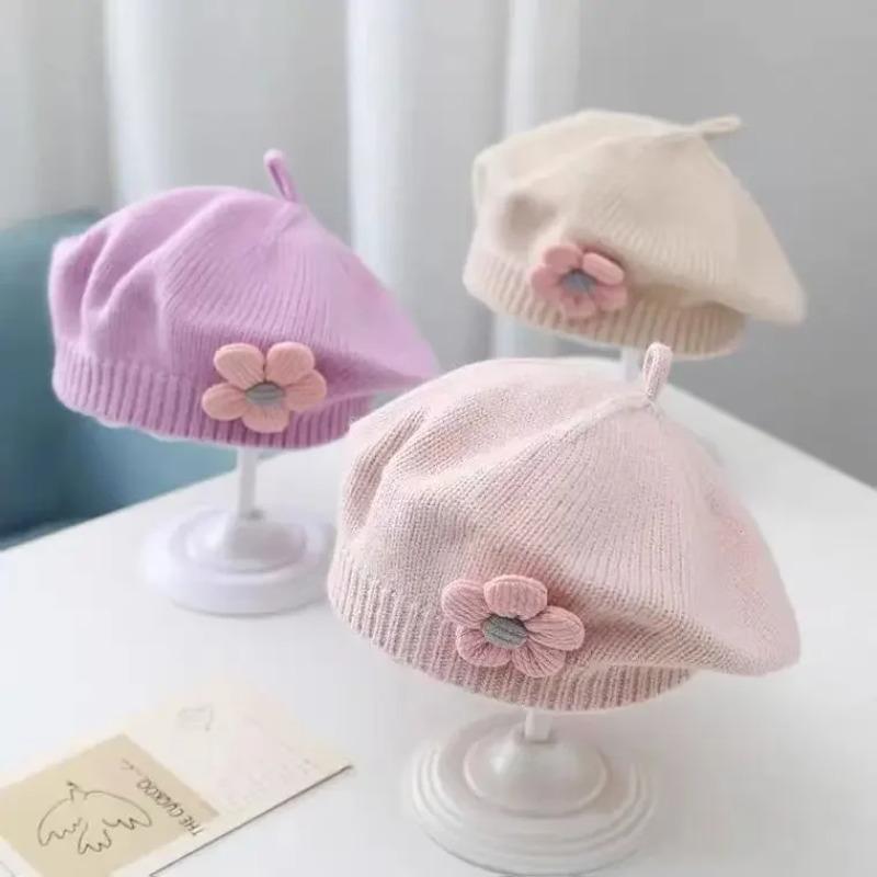 91530112MAC2FPQ14M Bloem Baby Baret Hoed Winter Warm Gebreide Beanie Cap voor Baby Meisjes Koreaanse Peuter Prinses Kunstenaar Effen Kleur Schilder Caps One Size roze