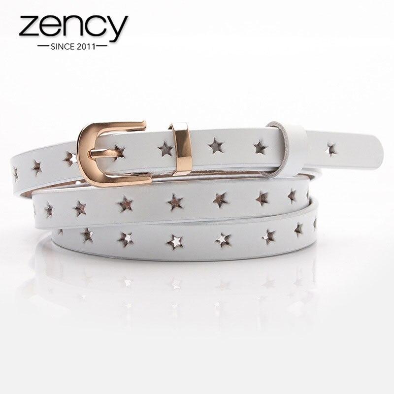 Zency 100% echt lederen vrouwen taille riemen vijfpuntige ster holle uit wilde trui rok broek decoratieve riem kleine riem 110cm wit