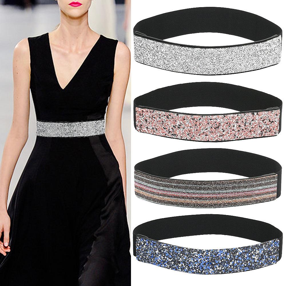 Lobin Knitting Strass elastische brede riem Flash Diamond Veelzijdige tailleband voor dames Modieuze elastische riem