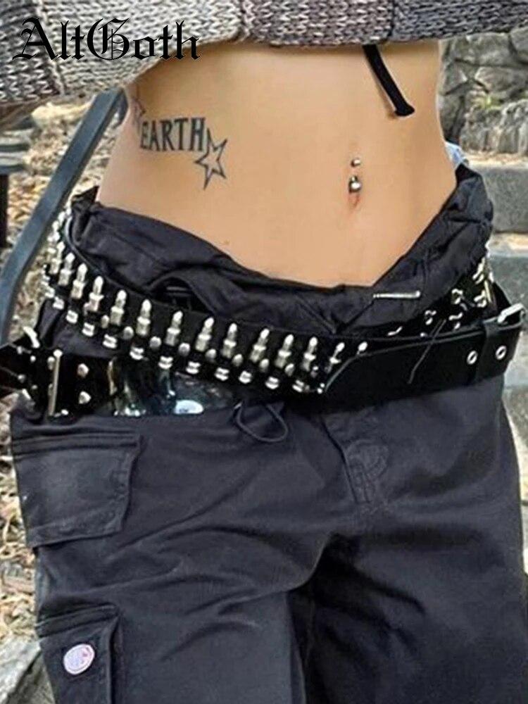 ALTGOTH Cyberpunk Harajuku Pu Riem Vrouwen Streetwear Mall Gothic Y2k Klinknagel Bullet Metalen Gesp Lederen Riem Emo Alt Grunge Riem Black zwart