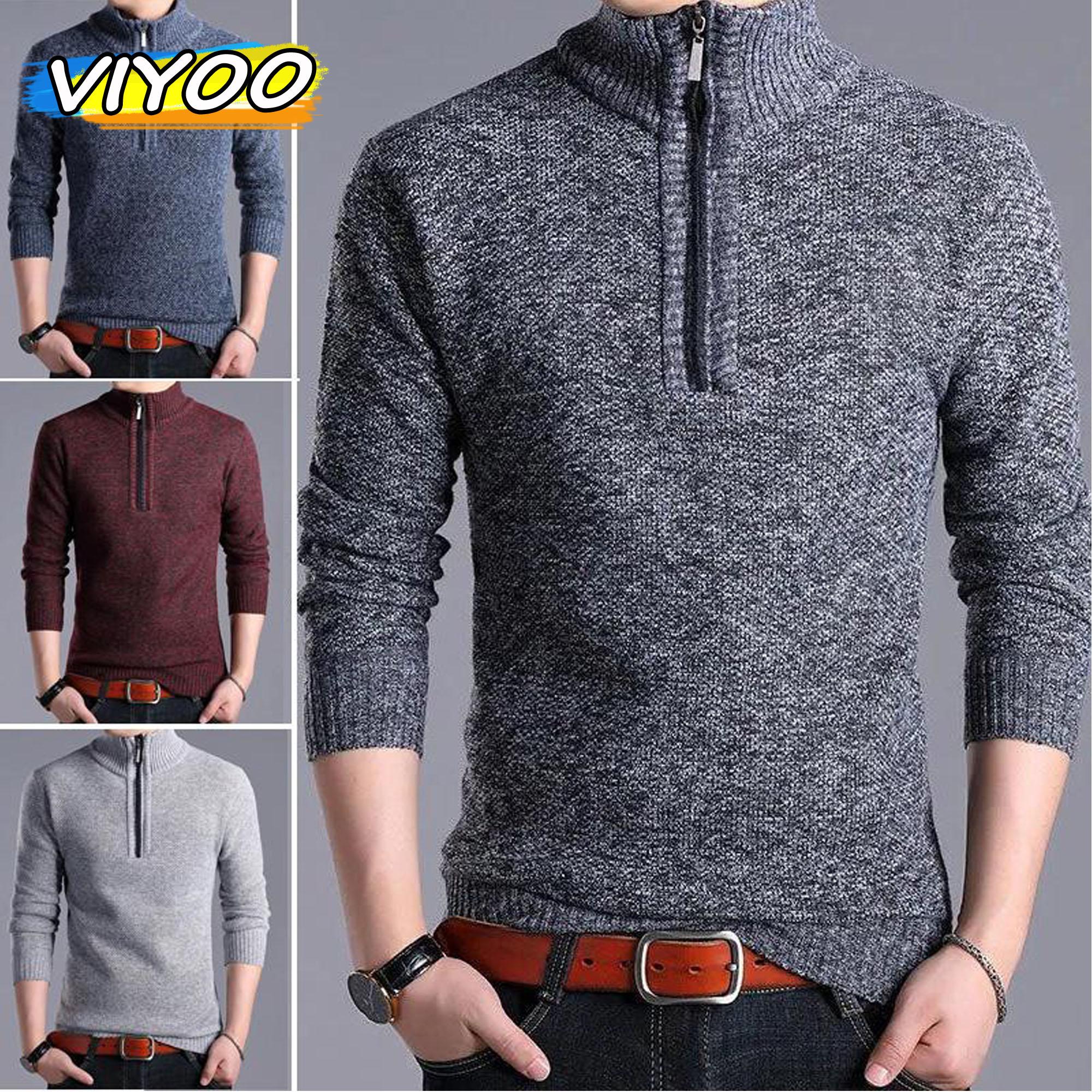 VIYOO 2021 herfst winter heren effen kleur casual trui mannen stand kraag fleece trui mannelijke rits breien slim fit gebreide pullover jas voor mannen M donkergrijze kleur