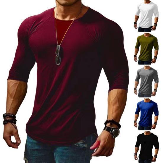 Tianhangyuan O-hals lange mouwen effen kleur heren top buitensport elastisch slim fit herfst T-shirt M legergroene kleur