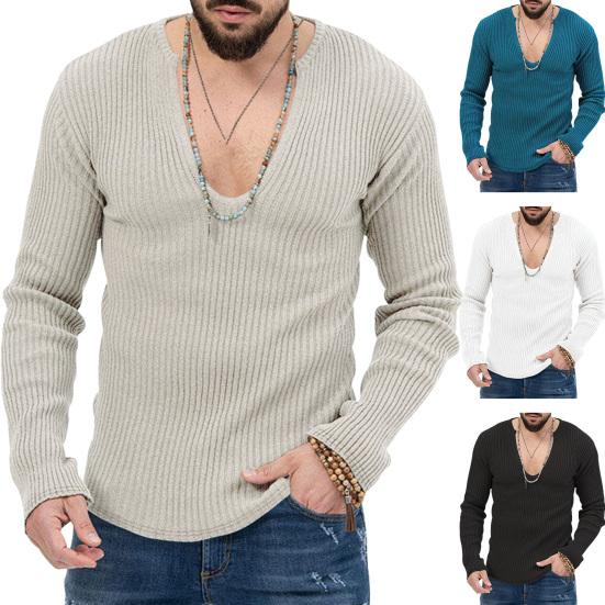 Jiantengxujm Mannen gebreide trui diepe v-hals geribbelde lange mouwen effen kleur slim fit zachte warme herfst winter casual mannelijke trui top sweatshirt gebreide kleding M wit