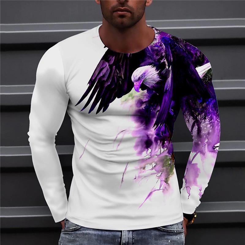 Subilier Mannen Eagle Handgeschilderde Patroon Casual T-shirts Lange Mouw Streetwear 3D Animal Printing Hip Hop Mannelijke Tops Tee plus Size 6XL XS