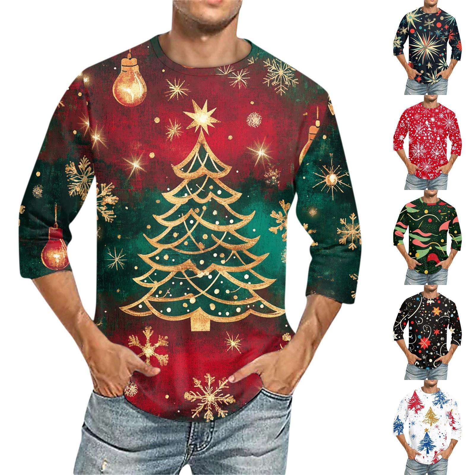 Xingben Two Men's Christmas print Round Neck Three Quarter Sleeve Top T-shirt M