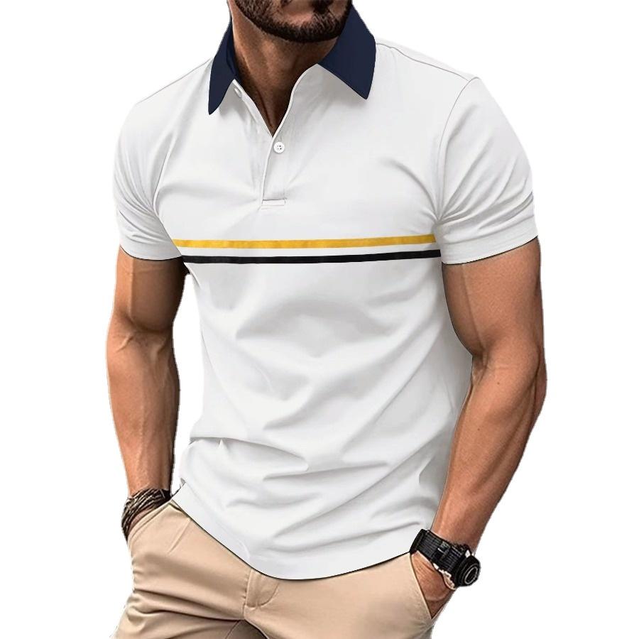 HerSight Heren zomer gestreept poloshirt man tops knop patchwork sportshirts met korte mouwen M wit