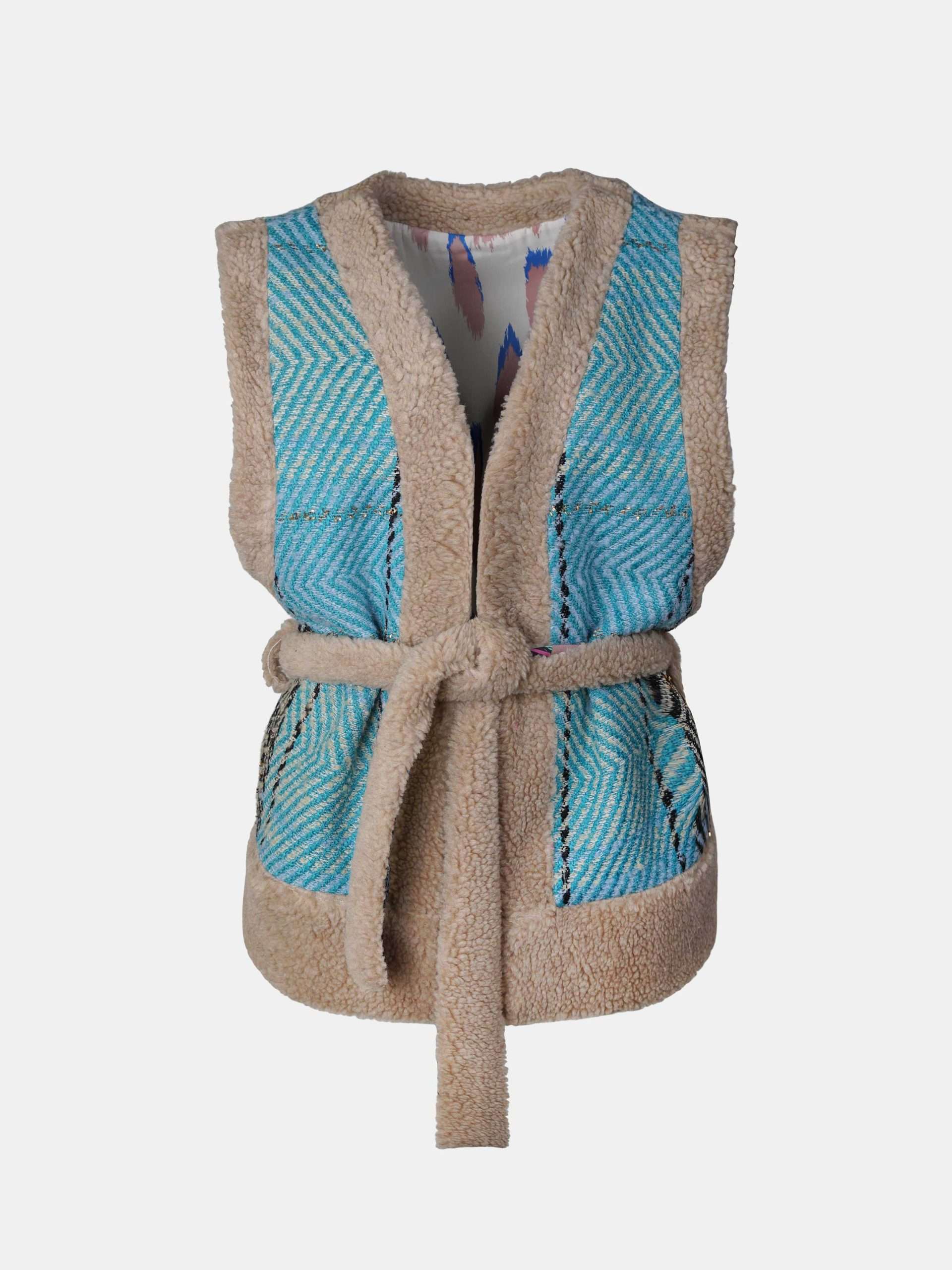 Mucho Gusto Tweezijdig draagbaar lichtblauw tweed en teddy gilet met blauwe-groene luipaardprint