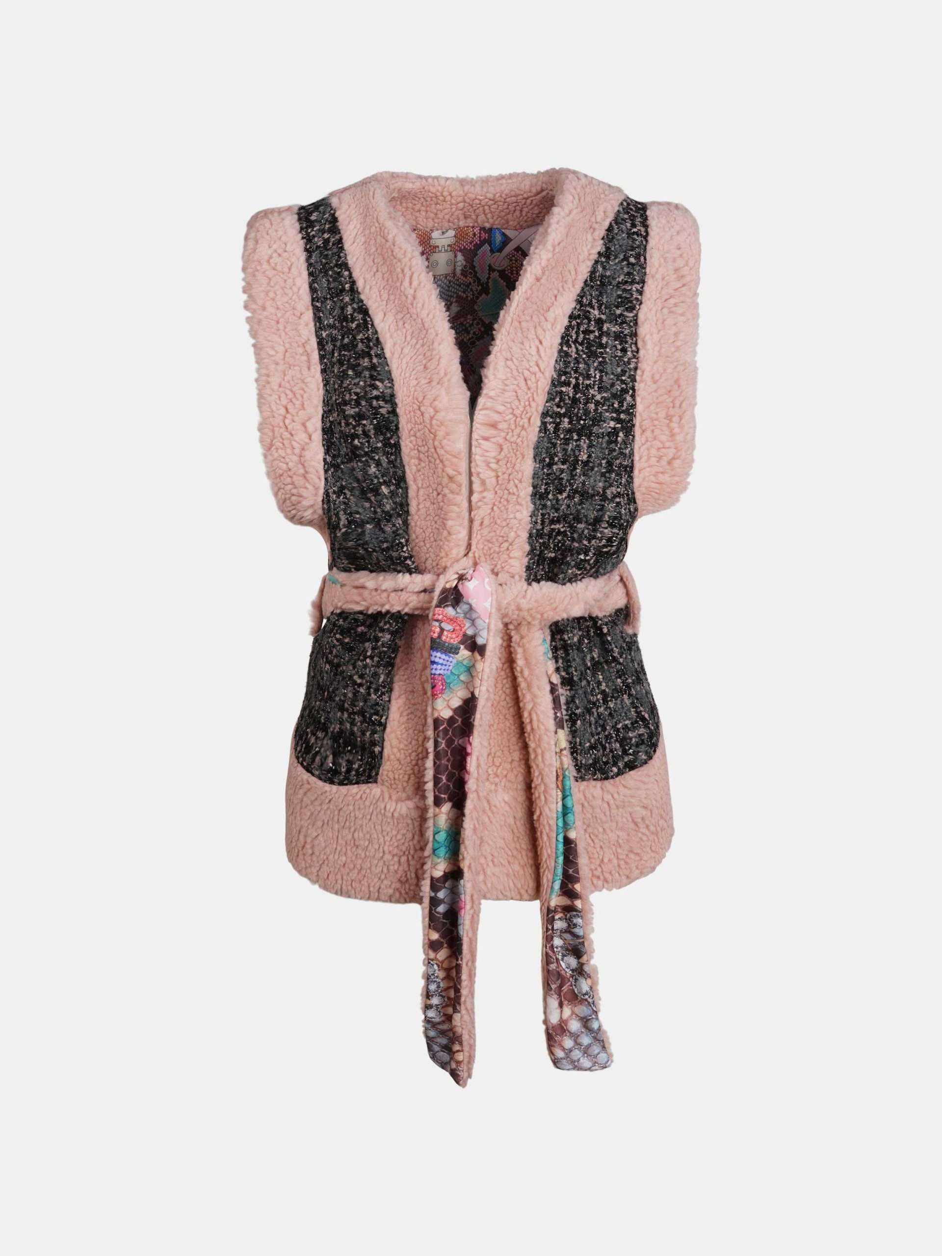 Mucho Gusto Tweezijdig draagbaar roze tweed en teddy gilet chique roze met multicolor slangenprint