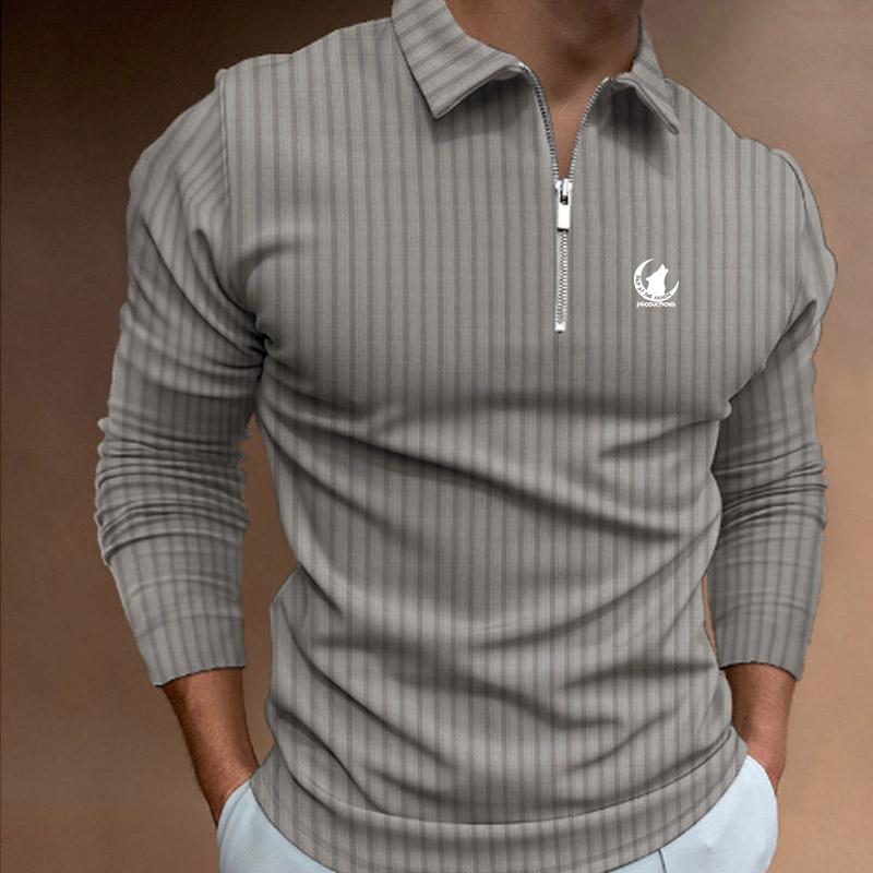 Haodingfushi Nieuwe trendy heren poloshirt met lange mouwen, casual print, strepen en rits, heren golfpoloshirt. S