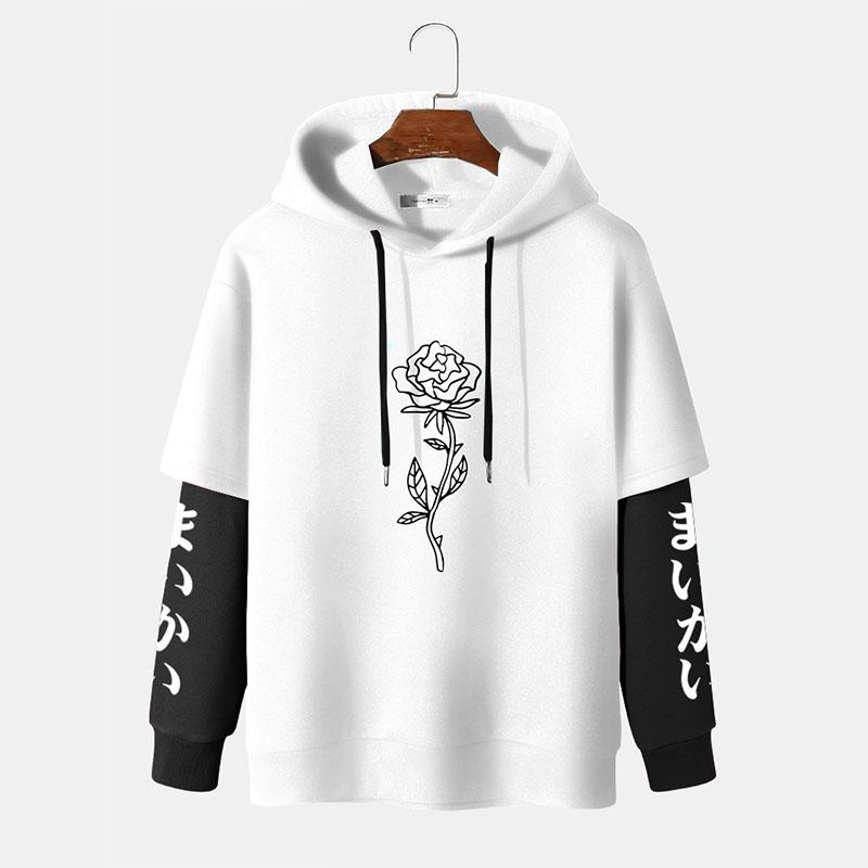 XD67DL Herenmode Lente Rozenprint Hoodies Casual Lange Mouw Patchwork Losse Truien Sweatshirts L zwart