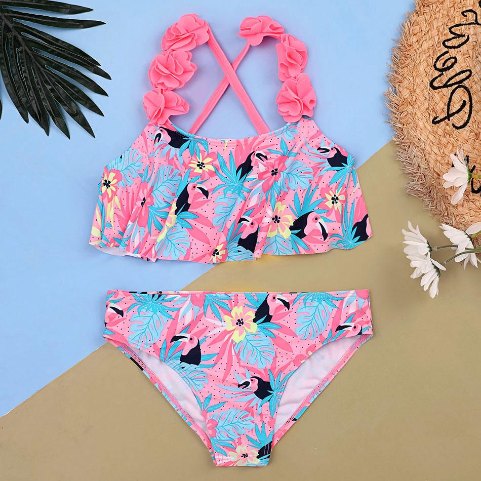 MS SHANG SWIMWEAR Bloem Flounce Meisje Badpak Kids Tropische Plant &Toekan Meisje Bikini Set 5-13 Jaar Zwemkleding Meisjes Badpakken 2022 6-7 roze