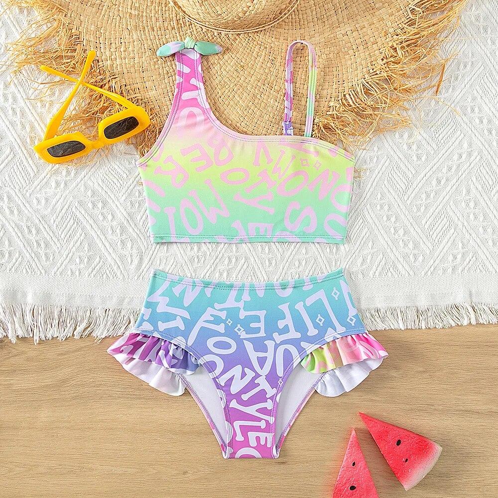 Fox Swimwear Bikinisets voor tienermeisjes met ruches en letterbedrukt tweedelig badpak voor badpakken voor meisjes van 5-15 jaar 5-6 years old veelkleurig