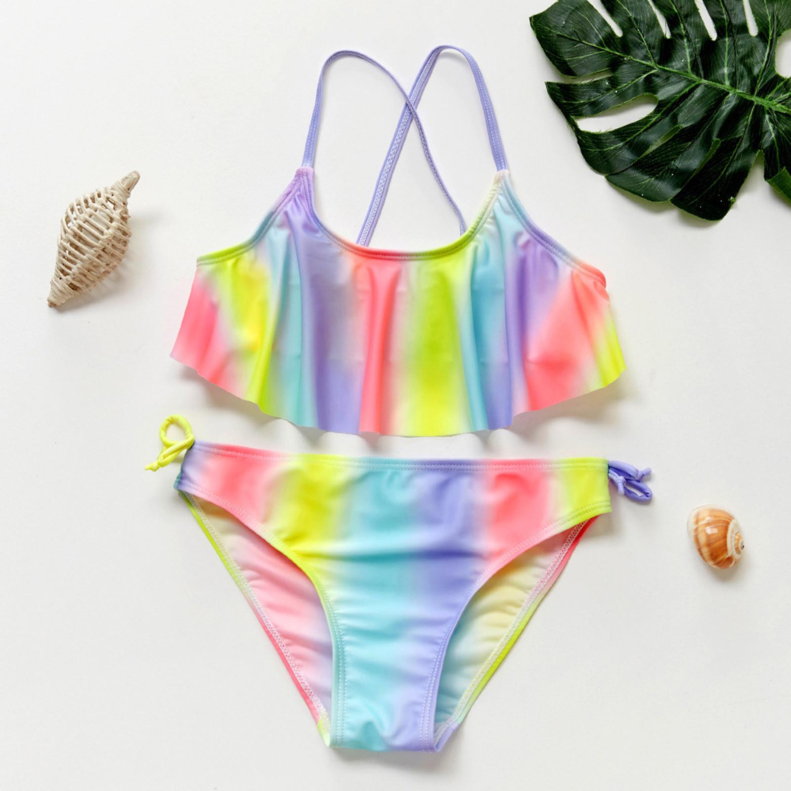 Winnerer Neptune Girls' tie-dye Printed Bikini Suit With Ruffled Frills Children's Split Swimsuit 160