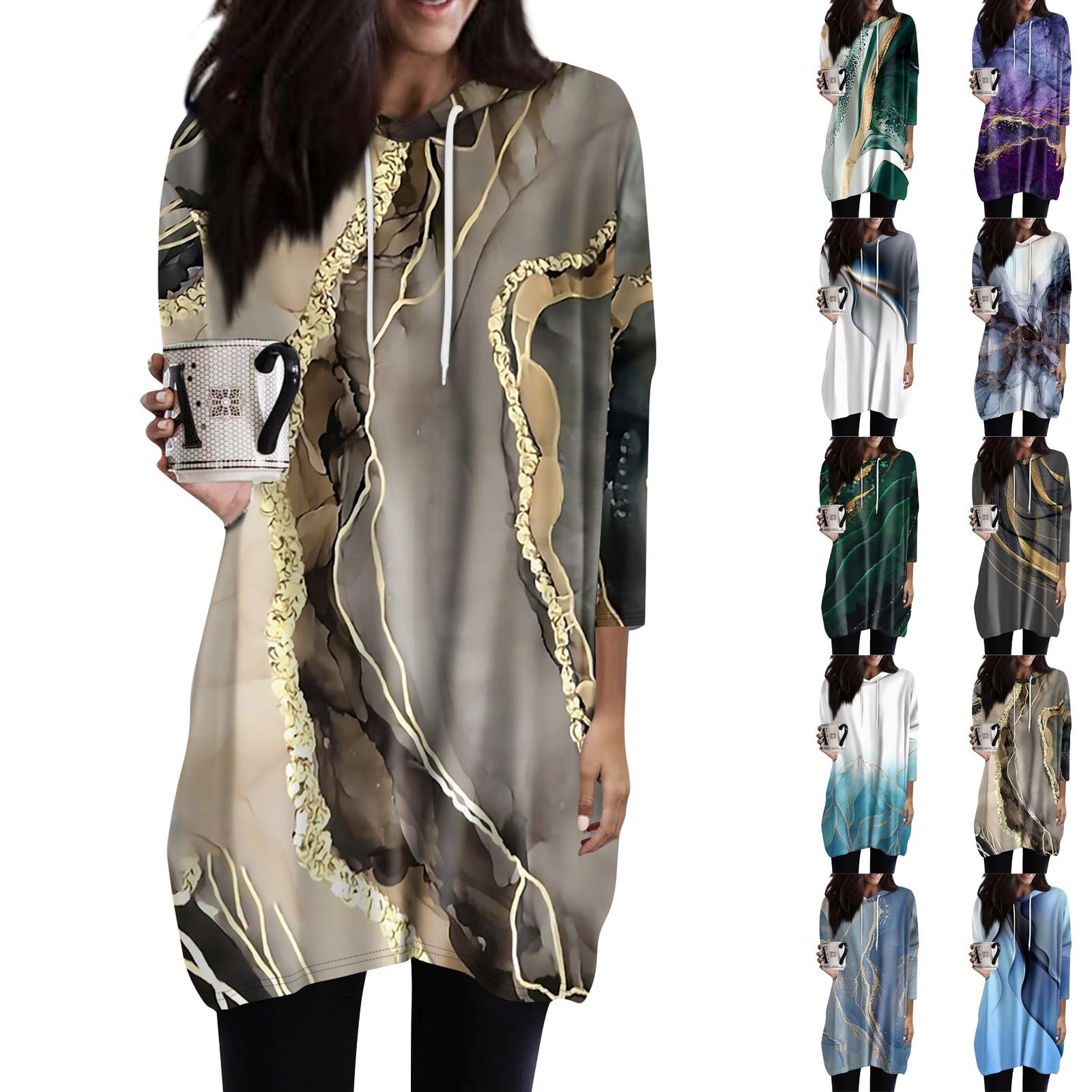 ElongPaoXiao Dames Hoodies Casual 3/4 Mouw Shirts Mode Print Tuniek Tops Met Zakken L blauw