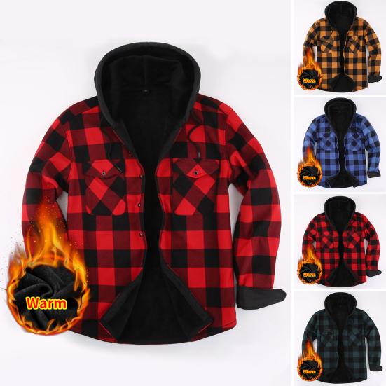 Meizhenchang Mannen Herfst Winter Shirt Capuchon Trekkoord Kleur Bijpassende Plaid Print Lange Mouw Single-breasted Knopen Zachte Warme Dikke Vest Jas S groen