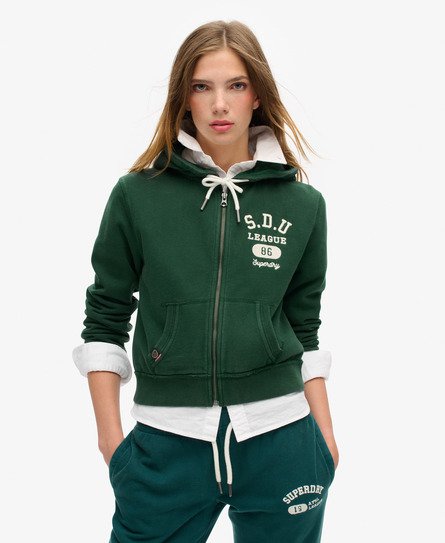 Superdry Vrouwen Korte Athletic Essentials Hoodie met Rits en Losse Pasvorm Groen