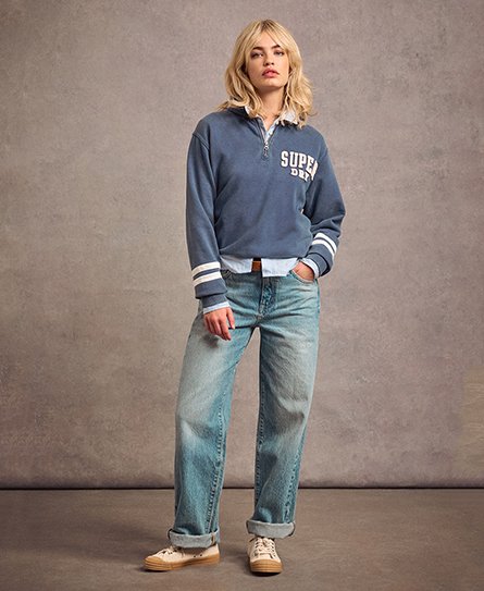 Superdry Vrouwen Sweatshirt Athletic Essentials met Applicatie en Halve Rits Blauw