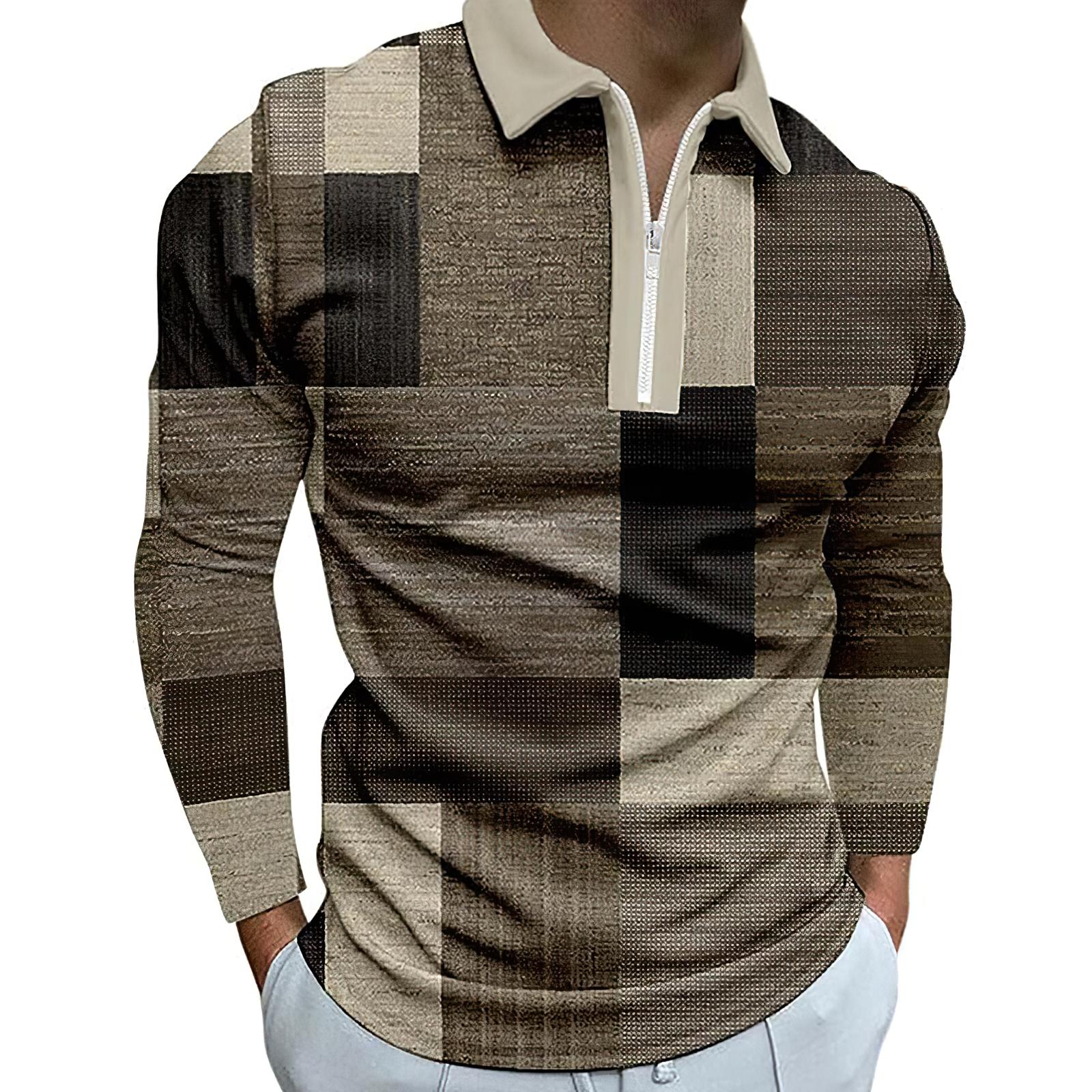 3D Custom Clothing Poloshirts Heren met lange mouwen Mode Tan Gekleurde Vierkante Print Nieuwe herenpoloshirt met lange mouwen en rits T-shirt Top XS lichtbruin