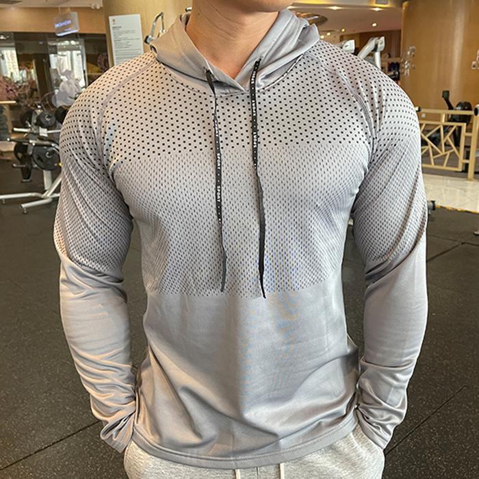 Shedao Pro Fitness Sporting Heren sport trui met capuchon, casual shirts met lange mouwen, herfst winter fitness sweatshirt, sneldrogend, ademend, hardlooptraining tops S donkergrijze kleur