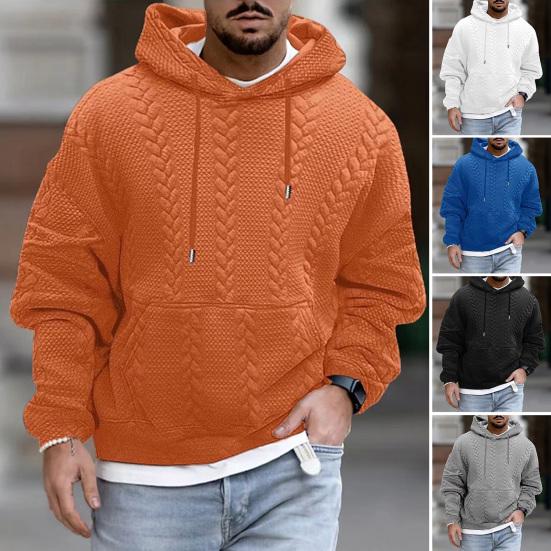 Kaileflf Mannen herfst winter hoodie effen kleur dikke losse trekkoord capuchon grote opgestikte zak lange mouw warme trui zachte applique gebreide mannen middenlengte L blauw