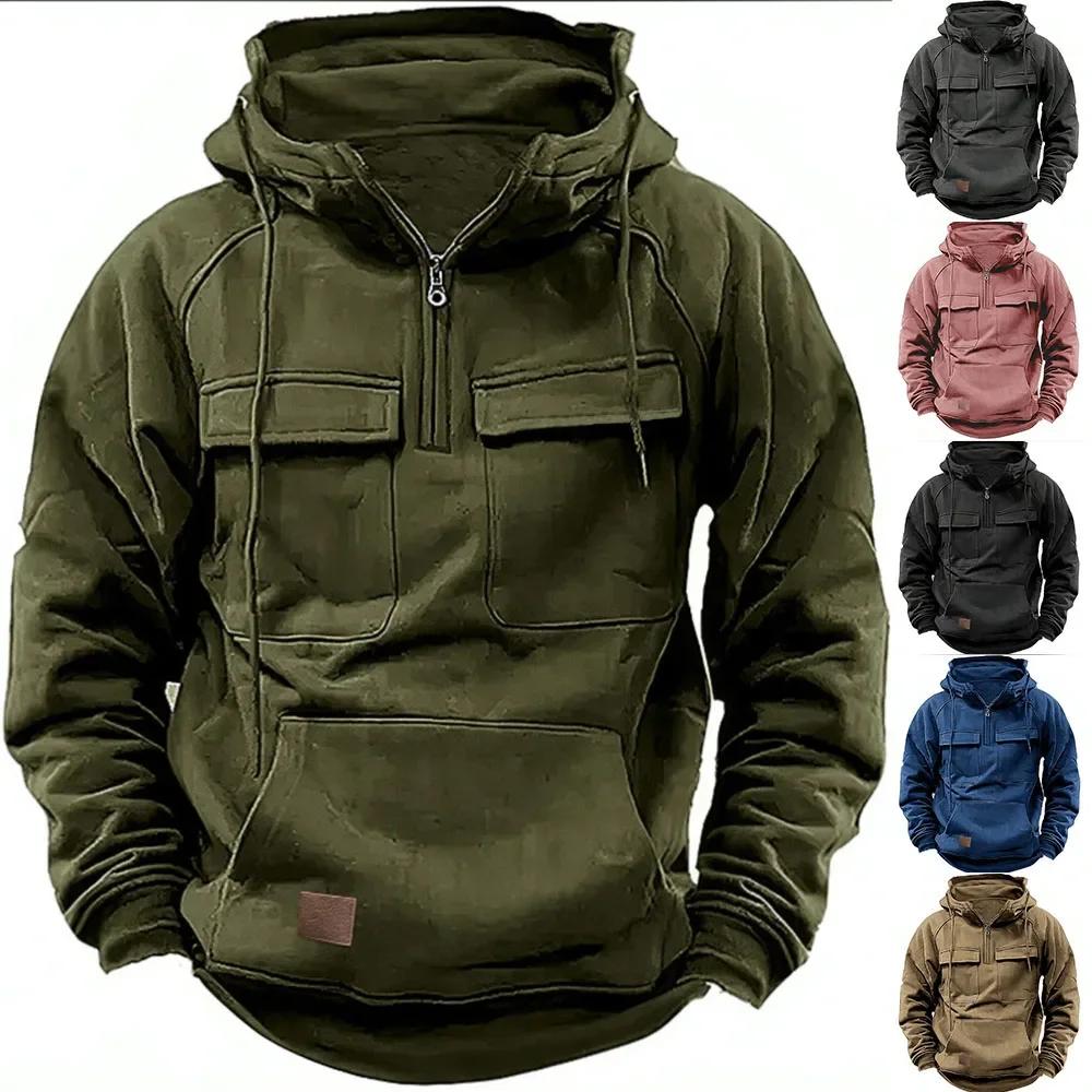 EG76LD Half rits heren tactische hoodies effen militaire sweatshirts meerdere zakken heren capuchon jassen dikke outdoor polar L