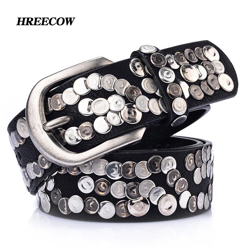 Clode Leer Vrouw Metalen Plaat Punk Riem Vrouwelijke Brede Koeienhuid Hiphop Rock Klinknagel Riem Cinto Heren Ceinture Zwart 100cm goud