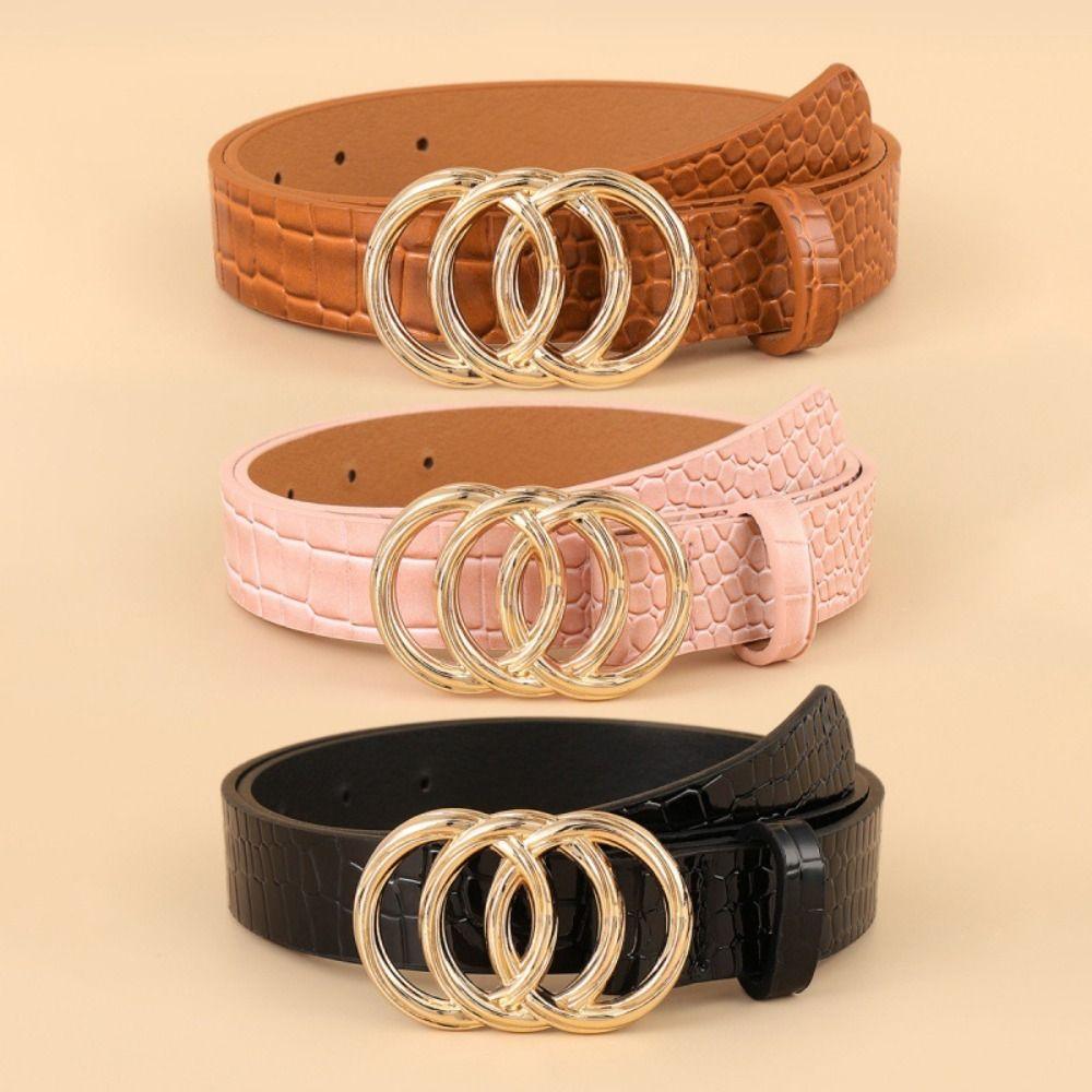 QDlihao with Three Ring Crocodile Pattern Leather Belt Versatile Thin Waist Strap Waistband  For Women roze