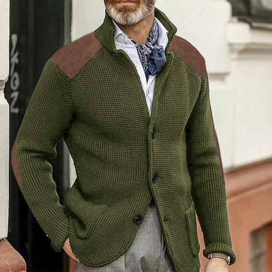 Jiawei Winter Herfst Heren Vest Trui Single-breasted Revers Gebreide Dikke Lange Mouw Patchwork Kleuraanpassing Zachte Elastische Heren Trui jas L legergroene kleur