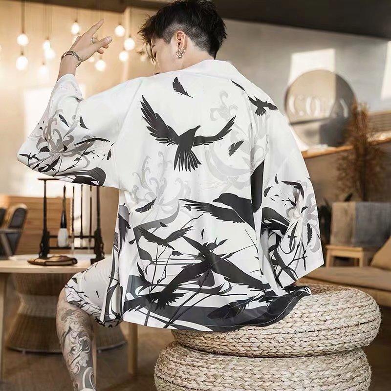 Enjoyloneliness 3D-geprint kimono-jack los vest voor heren Japanse stijl Yukata-print Oosterse jas Retro casual top S