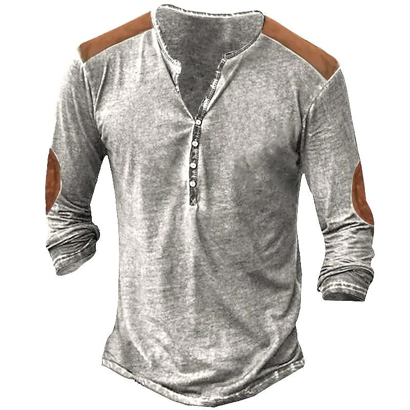 Haojun Retro heren-T-shirt met lange mouwen en print in contrasterende kleur, met een V-hals met 7 knopen voor een dun heren-T-shirt met lange mouwen. S