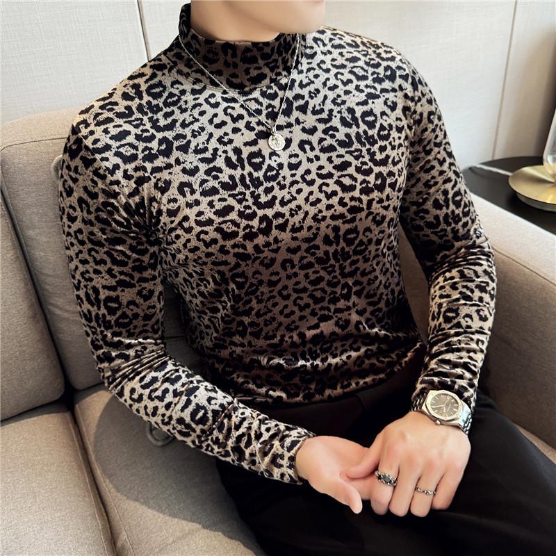 WOLF MAN Heren T-shirts Goud Fluweel Luipaard Print Lange Mouw Elastische T-shirts Voor Heren Halfhoge Kraag Slim Fit Casual Basic Tops Tees M zwart