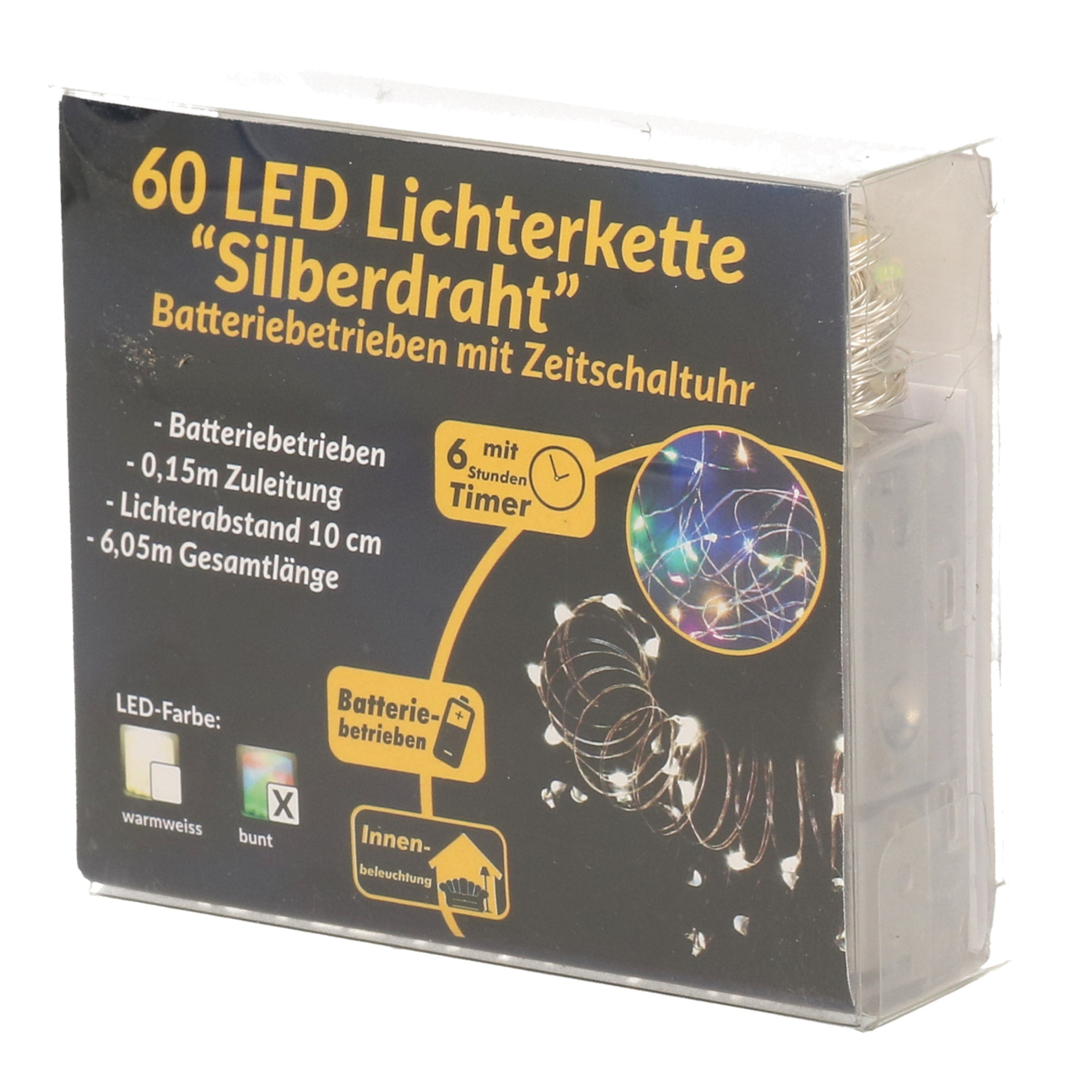 Merkloos Draadverlichting zilver met gekleurde LED lampjes 6 meter op batterijen met timer -