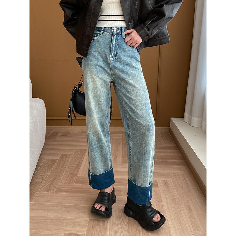 Femme Dress Kleurblokken met rolzoom en stiksels met wijde pijpen, vroege lente S lichtblauwe kleur