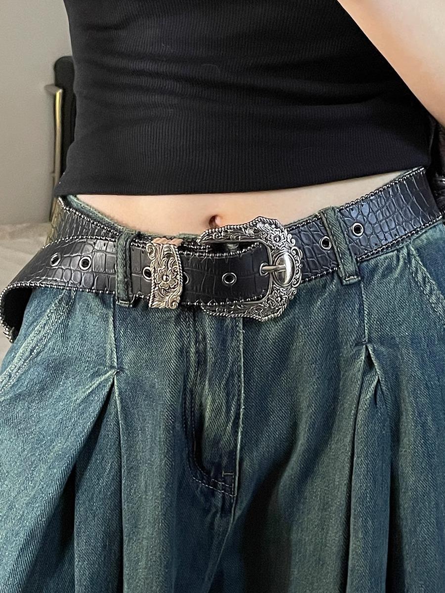 Meimeier Amerikaanse Vintage Riem Dames Krokodil Patroon Retro Openbare Riem Veelzijdige Koreaanse Stijl Hot Girl Hip Hop zwart