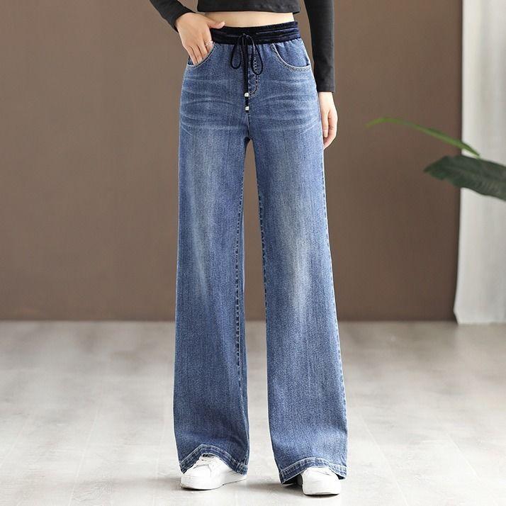 Hawayi Casual wijde pijpen jeans dames patchwork hoge taille vintage baggy vaqueros lente denim broek kant omhoog recht 34 blauw