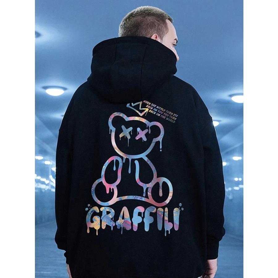 HerSight High Street Graffiti Beer Print Heren Fleece Hoodie Retro Herfst Casual Trui Met Capuchon Hip Hop Y2K Hoodies Kleding S