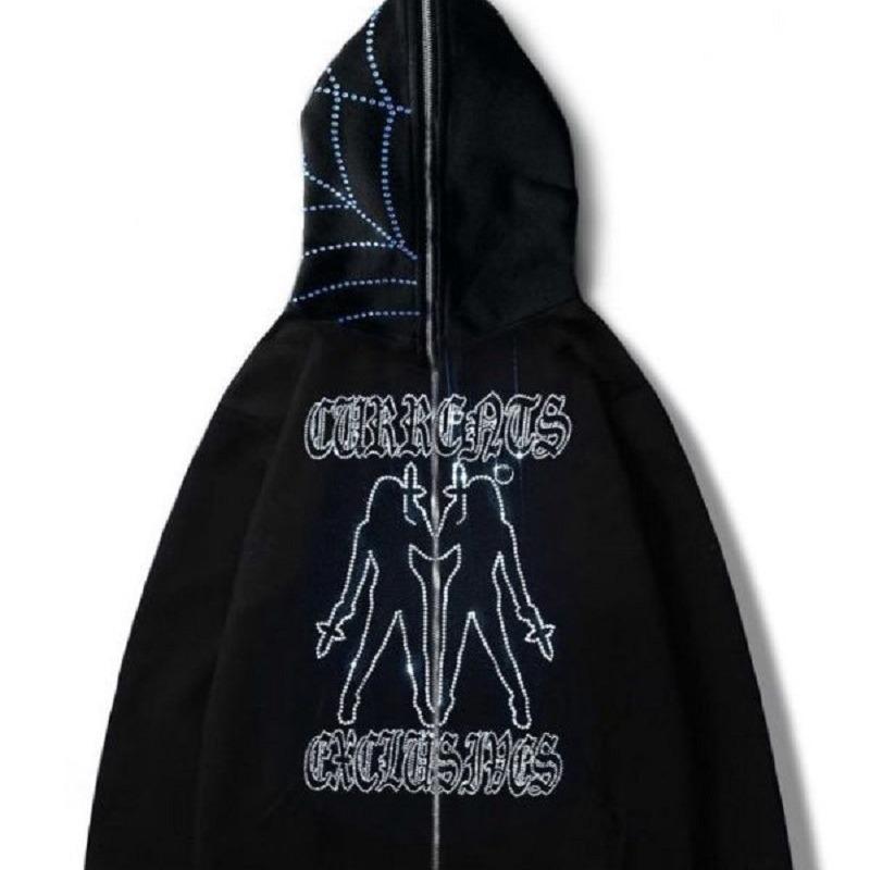 YoungFashion Y2K Europese en Amerikaanse Hot Diamond Zipper Hoodie Nieuwe Hip Hop Heren- en Damesbovenkleding M zwart
