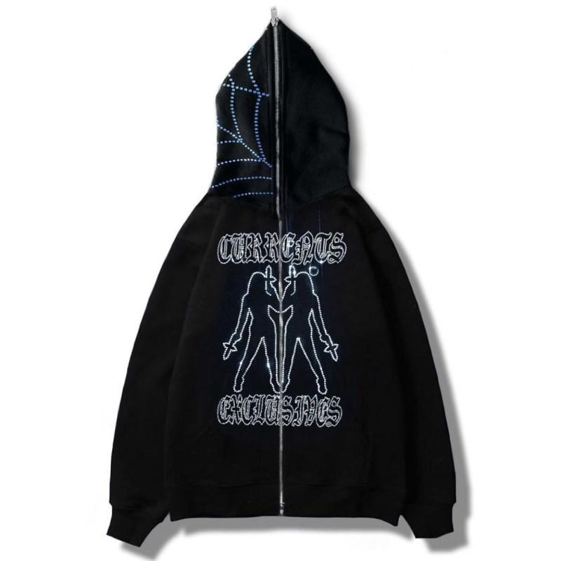 ZSIIBO Amazing Y2K Europese en Amerikaanse Hot Diamond Zipper Hoodie Nieuwe Hip Hop Heren- en Damesbovenkleding M zwart