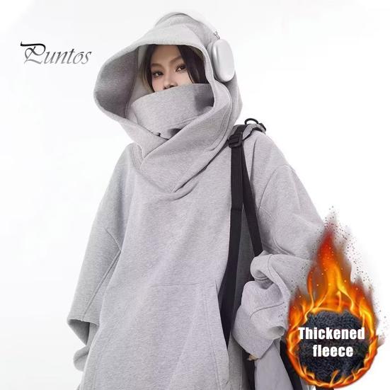 DILLER Herfst Winter Heren Hoodie Oversize Capuchon Lange Mouwen Pure Kleur Hip Hop Hoge Kraag Grote Opgestikte Zak Elastische Manchet Middellange Warme Top M zwart