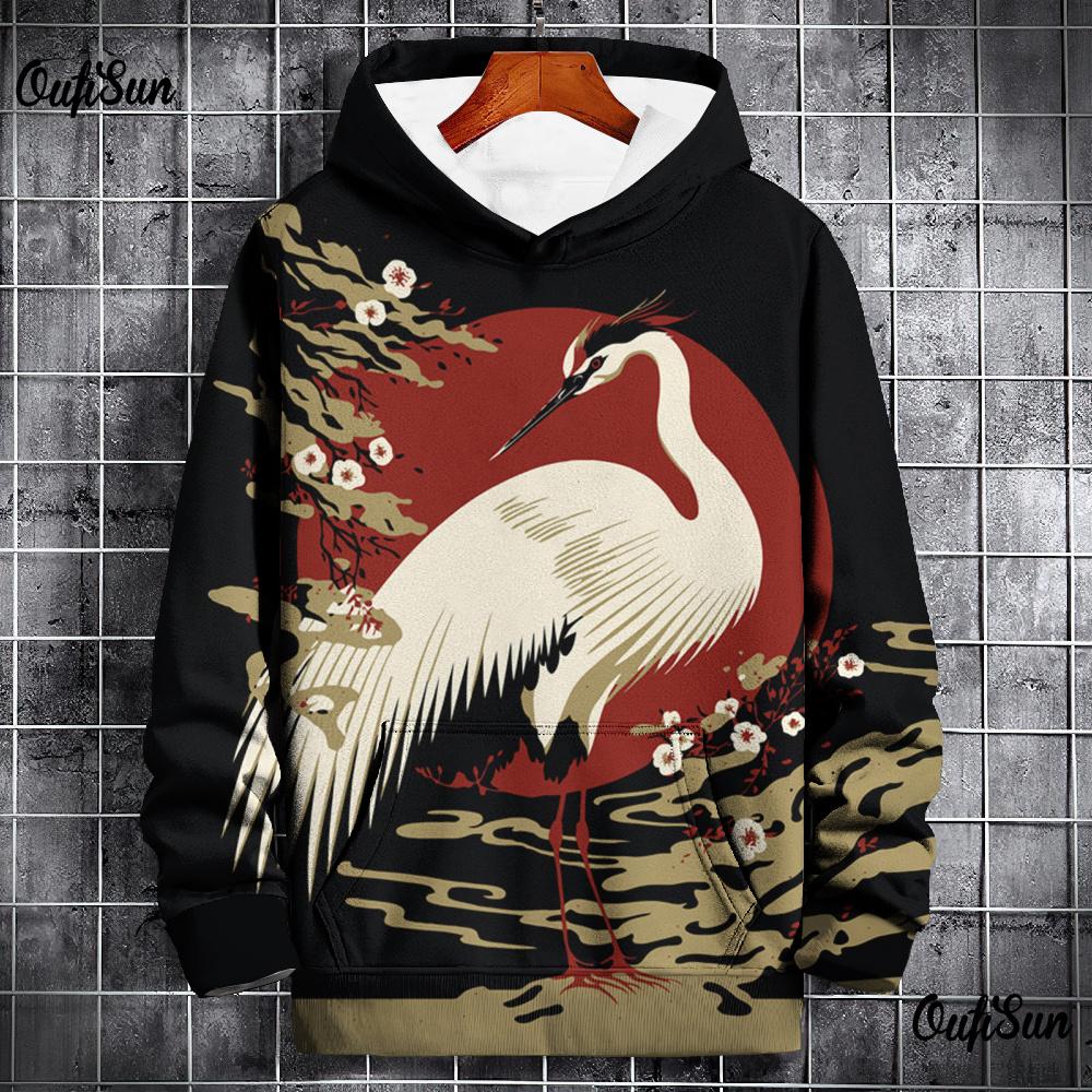 ETST 012 Animal Hoodies Voor Mannen 3d Kraan Print Hoge Kwaliteit Herenkleding Dagelijks Casual Lange Mouwen Losse Oversized Pullover Harajuku Tops S