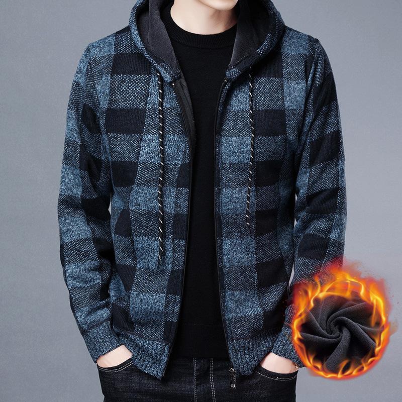 Lucky Black Cat Heren Trui Jas Mode Winterjas Fleece Hoodies Geruite Capuchon Gebreide Cardigan Mannelijke Buitenkleding M blauw
