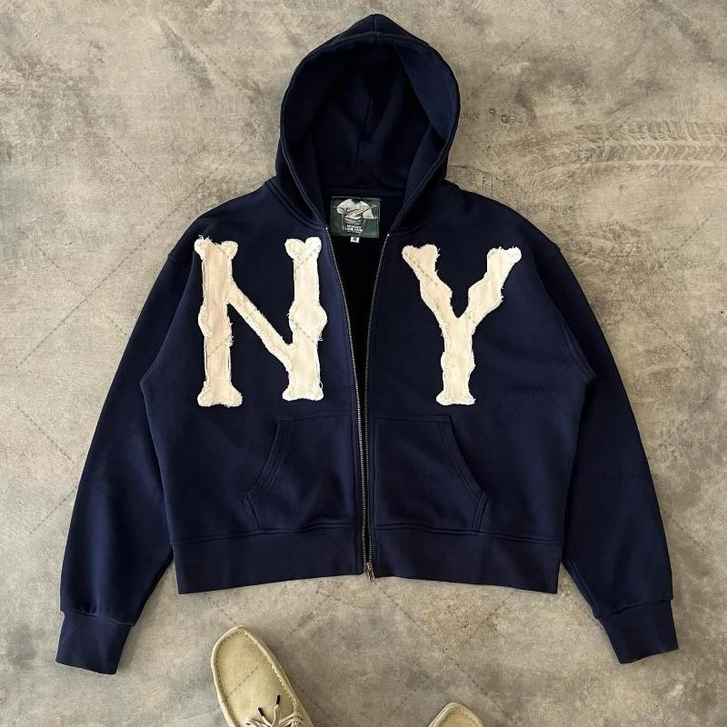 YUMI wardrobe Europees en Amerikaans trendy merk mode jas letter geborduurd oversized hoodie heren Y2k Harajuku retro rits sweatshirt S blauw