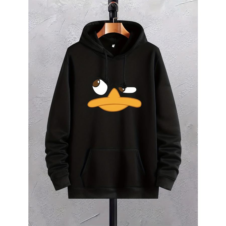 Plus Size FUGUIS Cartoon Duck Print Hoodies voor heren, grafische hoodie met kangoeroezak, comfortabele losse trendy trekkoord capuchontrui S