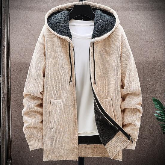 LH59YK Winterjas voor heren, verdikt fleece, capuchon, trekkoord, ritssluiting, lange mouwen, trui, jaszakken, elastische manchetten, retrogebreid, dagelijks te dragen, buitenkledingjas L beige