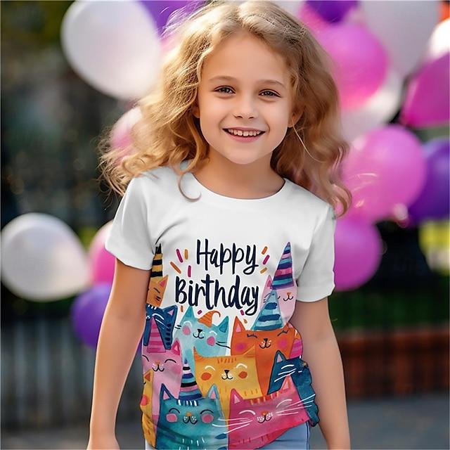 WowClassic Meisjes 3D Kat T-shirts Korte Mouw Print Zomer Actieve Mode T-shirt Schattig Polyester Kinderen 3-14 Jaar Buiten Verjaardag Casual Top 110 blauw