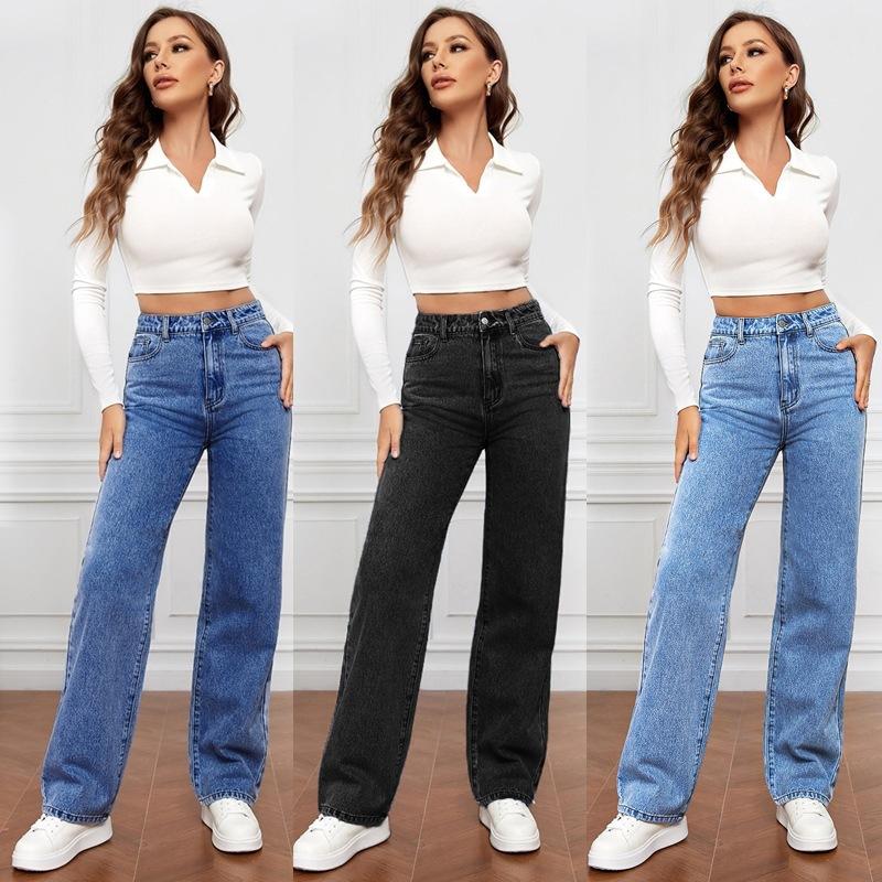 Wangpai Apparel Dames jeans effen kleur hoge taille rechte pijp jeans L zwart