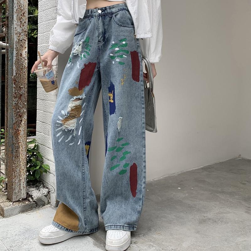 Diana Fashion Clothes High Street Vintage Color Print Loose Jeans Dames 2000s Y2k Rechte Casual Wijde Pijpen Broek Dames Modeontwerp Retro Baggy Broek S blauw