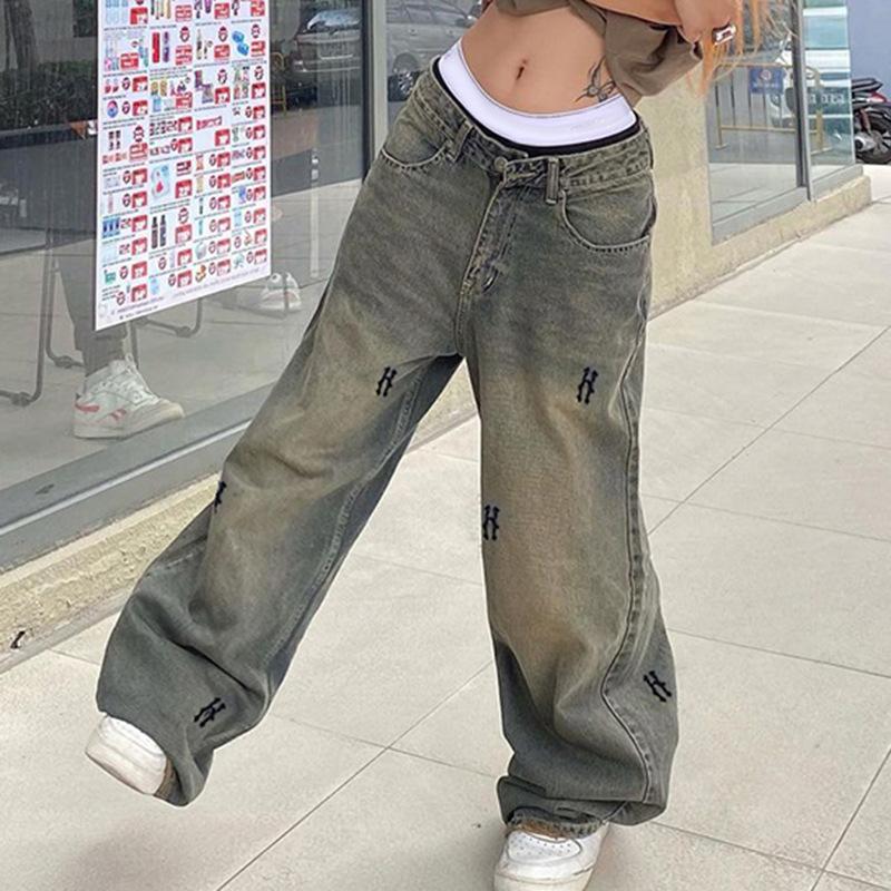 Omena Hip Hop Stijl Laag Getailleerde Retro Straat Losse Casual Wijde Pijpen Dames Jeans S grijs